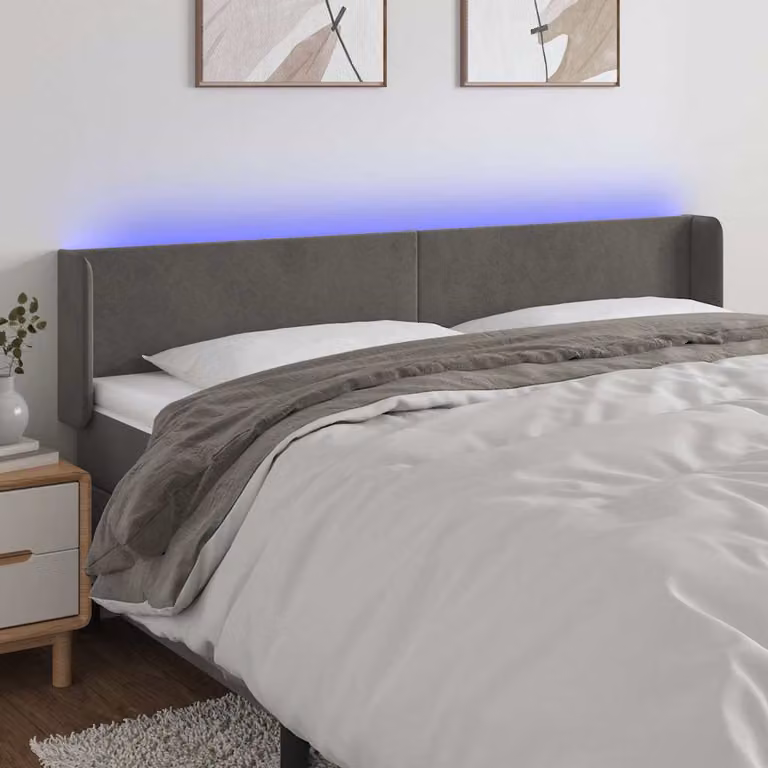 Testiera per letto vidaXL in velluto grigio con illuminazione LED e porta USB, L 203 cm x P 16 cm x H 78/88 cm