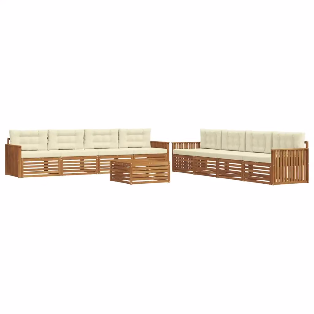 Set di divani da esterno vidaXL in legno di acacia con cuscini beige e bianco, composizione a forma di U con tavolo da caffè, 9 pezzi – 2