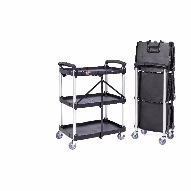 Carrello di utilizzo, design pieghevole, ripiani mobili, nero