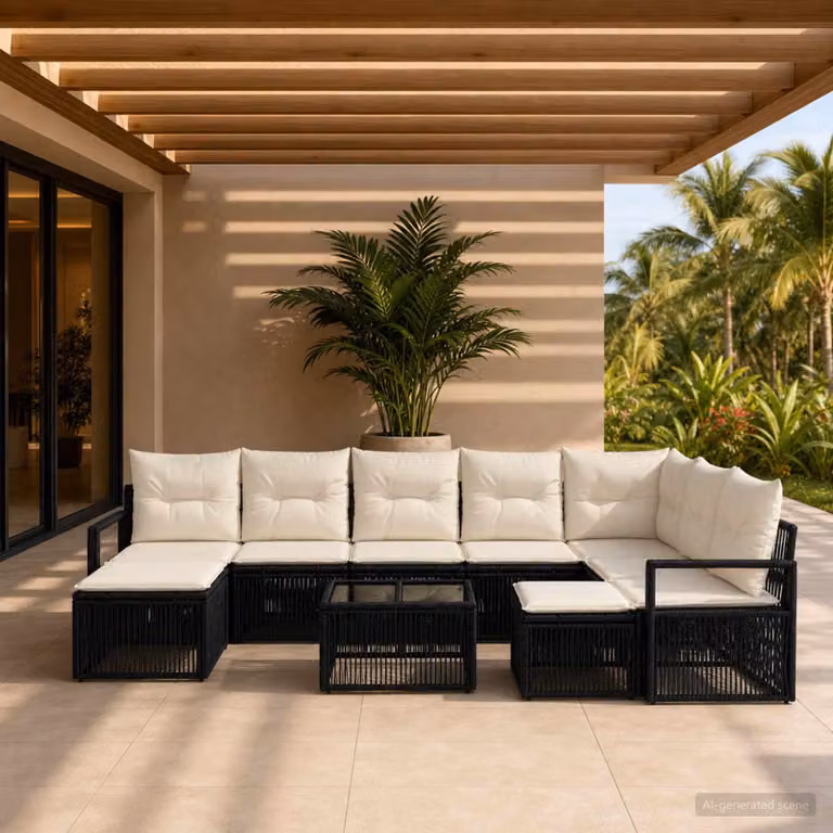Set Divano da Giardino vidaXL 10 Pezzi a Forma di L con Poltroncina, Tavolino e Cuscini, Colore Nero