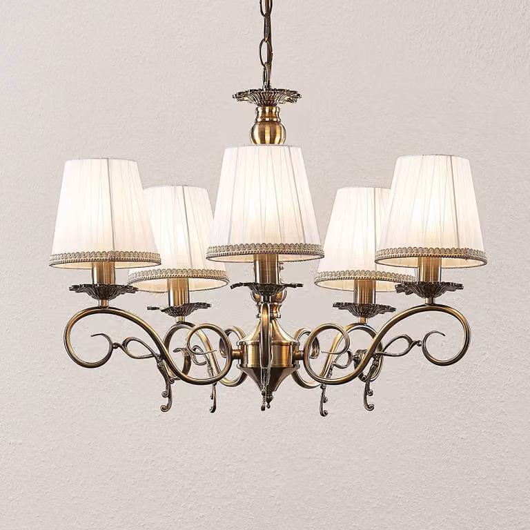 Lampadario a soffitto Finnick Lindby, dimmerabile, Bronzo / Ottone antico, Soggiorno / Sala da pranzo, Tessuto / Stoffa / Seta, Lampadario