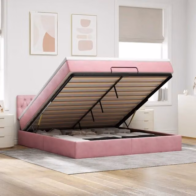 Letto con contenitore a sollevamento vidaXL in velluto rosa e bianco con illuminazione sottostante e porta USB L/P/H: 203 x 160 x 88 cm – 1