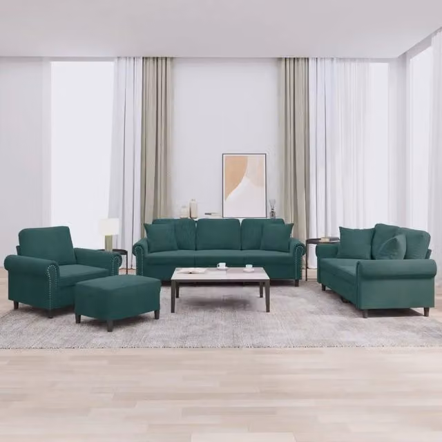 Set di divani moderno vidaXL in velluto verde composto da divano a 3 posti, divano a 2 posti, pouf e cuscini – 1
