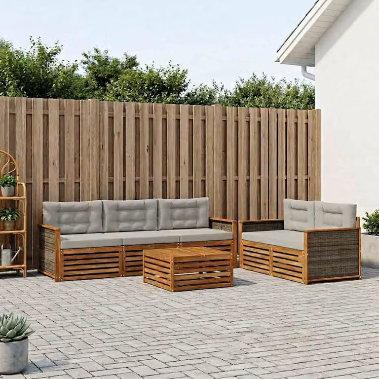 Set di divani da esterno vidaXL a forma di L in legno di acacia con tavolino da caffè, 6 pezzi, beige, grigio e marrone