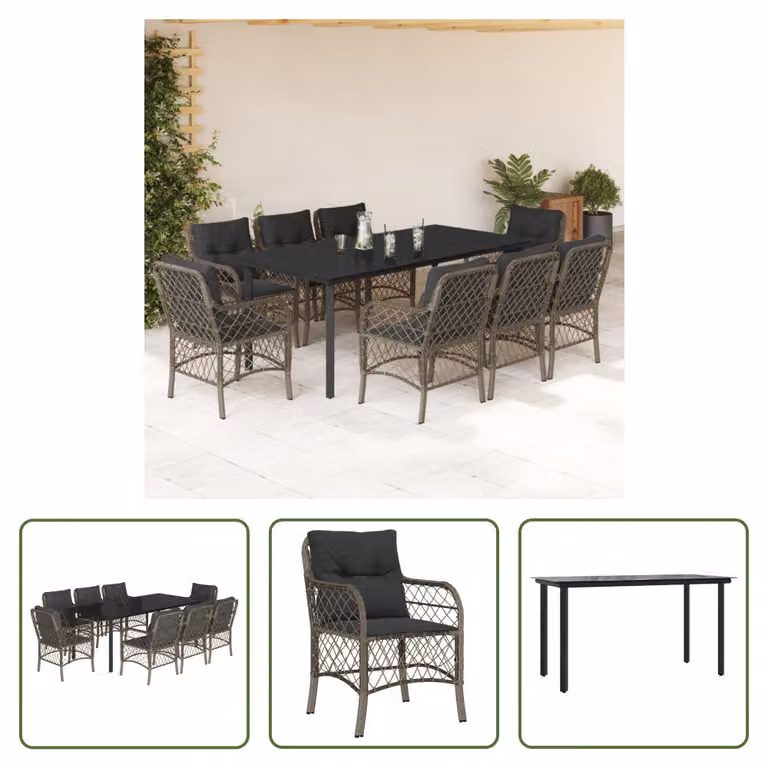 The Living Store Set da pranzo da giardino 9 pezzi con cuscini in poly rattan grigio