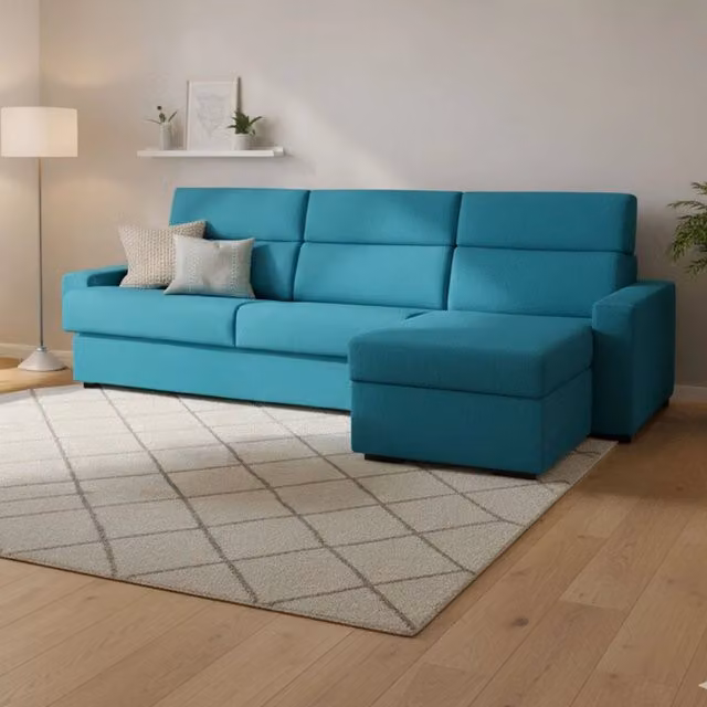 Divano Letto Pusiano DMORA con Penisola Sfoderabile, Made in Italy, L/P/H: 280 x 160 x 45 cm, Colore Azzurro Turchese