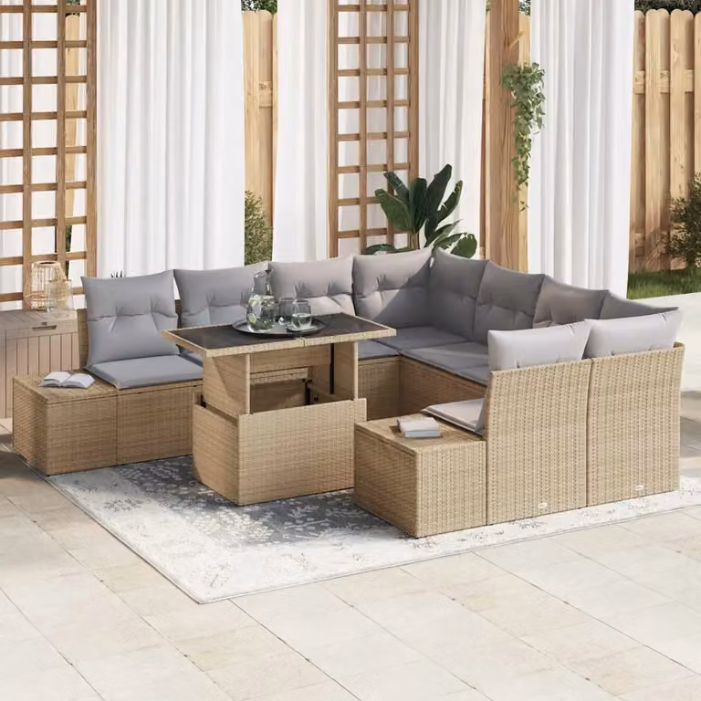 Set Divano da Giardino vidaXL in Polyrattan 9 Pezzi con Cuscini Beige e Grigio