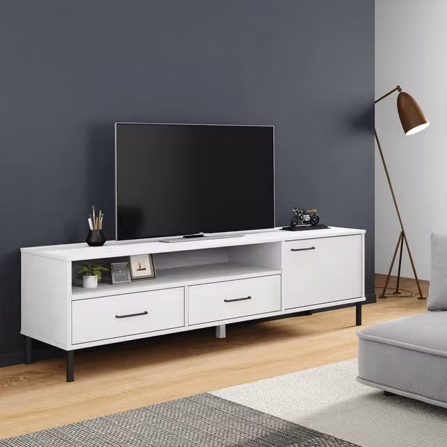 Mobile TV con Gambe Metallo-Credenza per TV Bianco Legno Massello di Pino OSLO