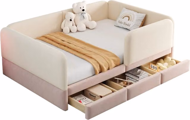 Letto moderno per bambini Chicfurn in velluto beige e rosa con 3 cassetti L/P/H: 200 x 140 x 55 cm