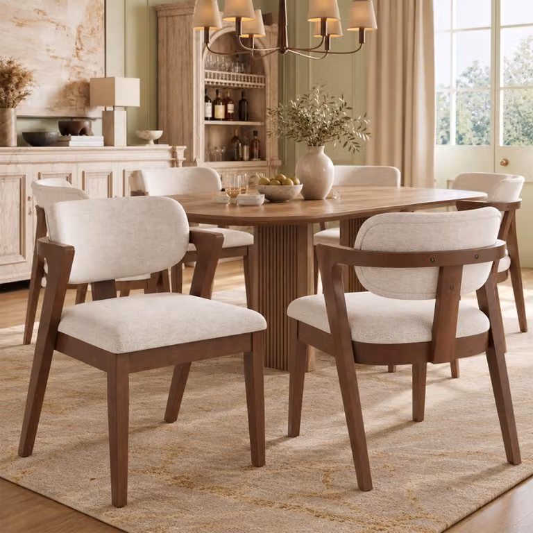 Sedie da pranzo Flieks, set da 6, con rivestimento in lino; sedie da cucina, poltrone imbottite con struttura in legno massello; poltrona per il soggiorno, finitura in legno di noce