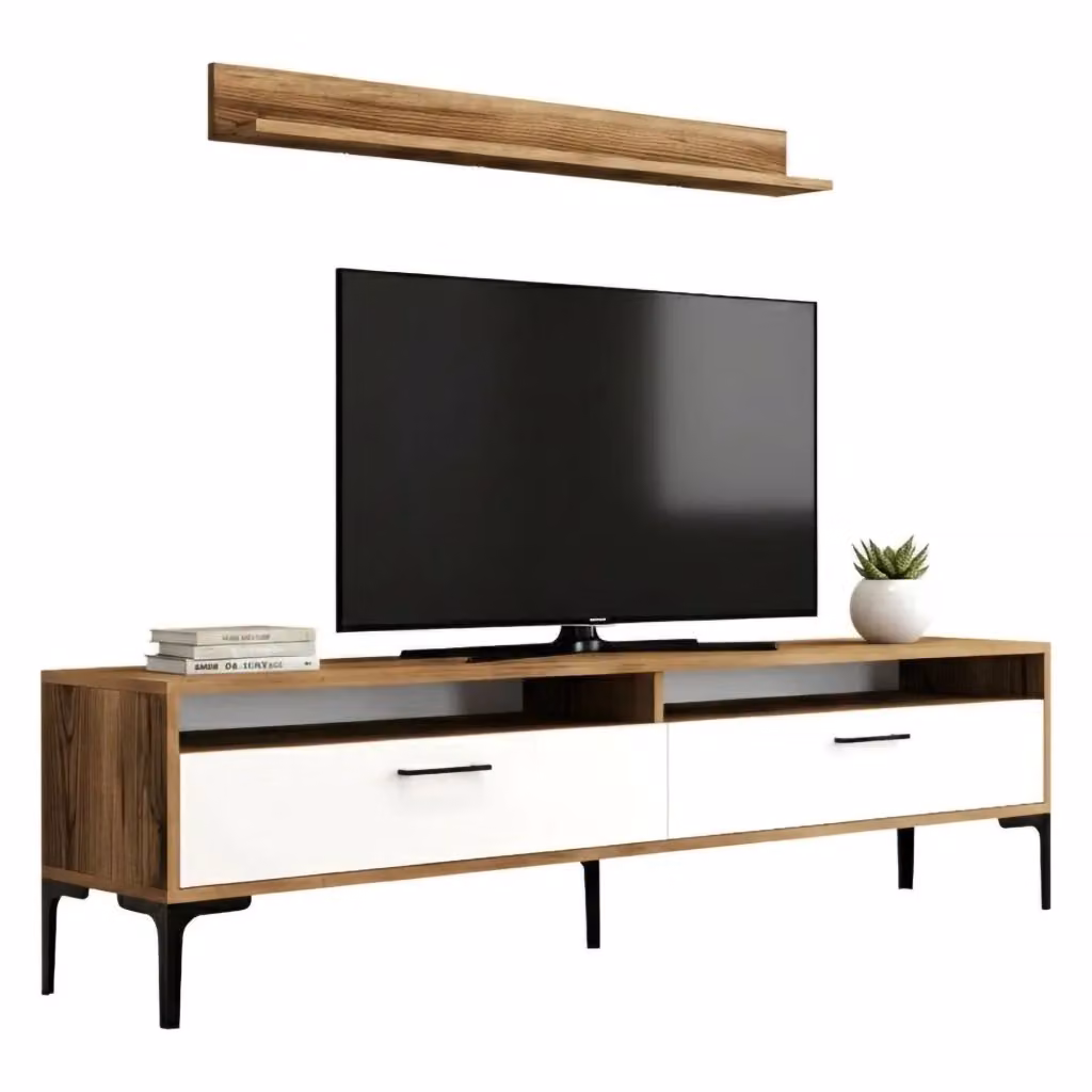 Parete attrezzata Oho DMORA per soggiorno, mobile salotto moderno con ante e ripiani, L: 180 cm, P: 35 cm, H: 47 cm, Marrone e Bianco – 2