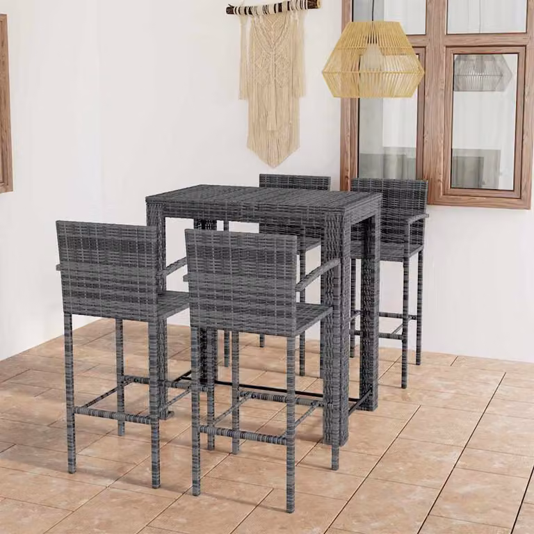 Set Bar da Giardino vidaXL 5 pz in Polyrattan e Metallo Grigio con Braccioli