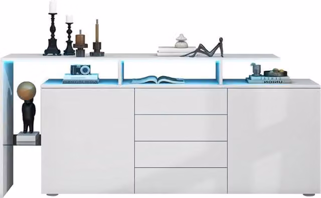 Credenza moderna bianca con LED e vano in vetro per soggiorno, L: 160 cm, P: 35 cm, H: 70 cm