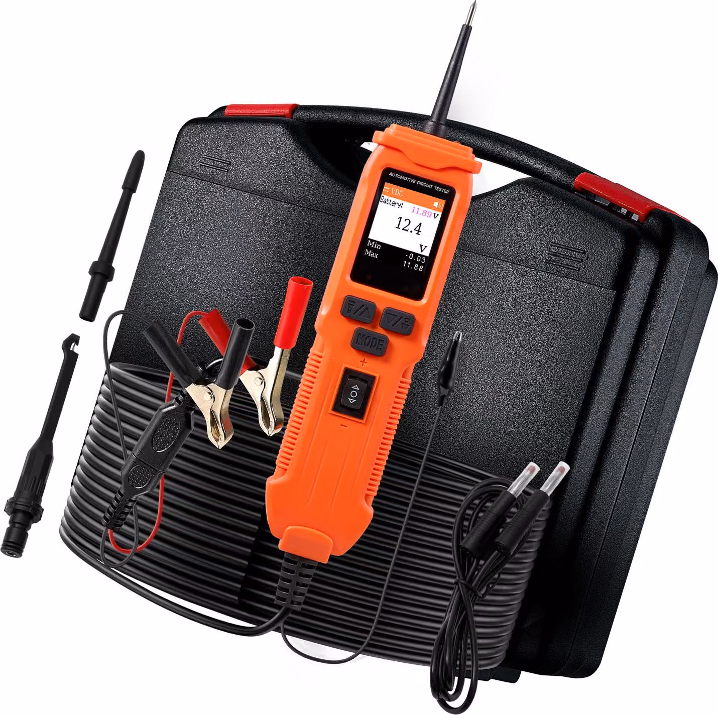 SucceBuy tester di circuiti elettrici per auto 8-35 DCV con sonda, display a colori TFT e illuminazione, tester di tensione con cavo da 6 m e custodia per il trasporto, rilevatore elettrico 2 in 1