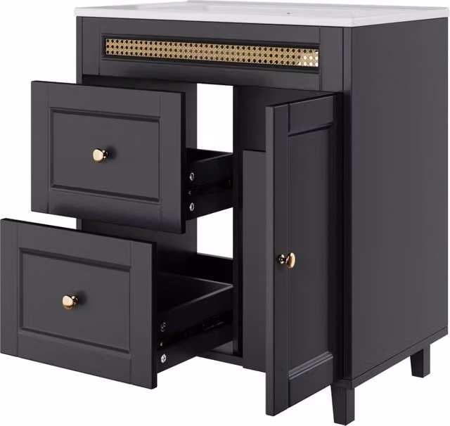 Mobile sottolavabo con lavabo in ceramica, 2 cassetti e 2 ante ammortizzate, per bagno, MDF nero, 76 × 46 × 86.5 cm