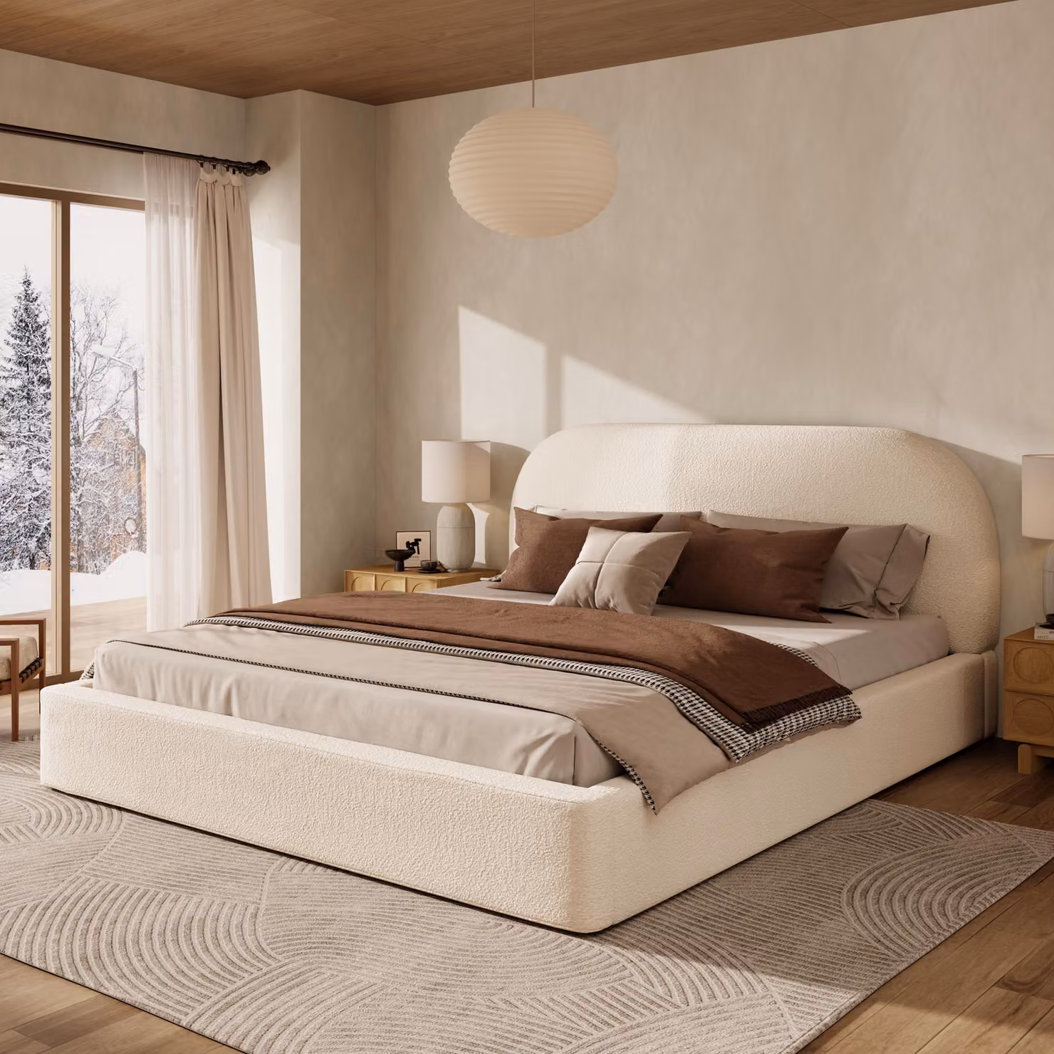 Letto imbottito Flieks 180x200 cm con testiera imbottita, letto matrimoniale classico con rete a doghe, letto in legno per ragazzi Bouclé, beige