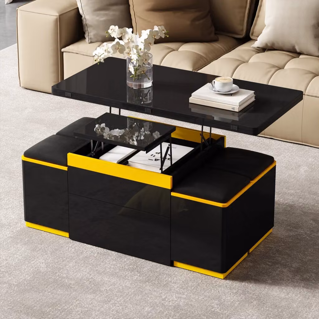 Tavolino da caffè multifunzionale WISHDOR con piano sollevabile e set di 4 sgabelli contenitore, nero e giallo, L 100 x P 50 x H 43 cm – 2