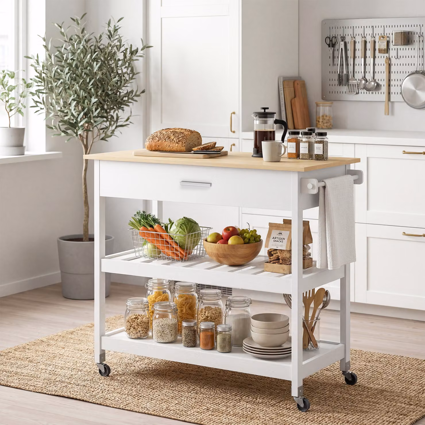 Carrello da cucina HOMCOM bianco con cassetto, 2 ripiani aperti e porta-asciugamani, L: 108,8 cm, P: 51 cm, H: 92,5 cm – 2