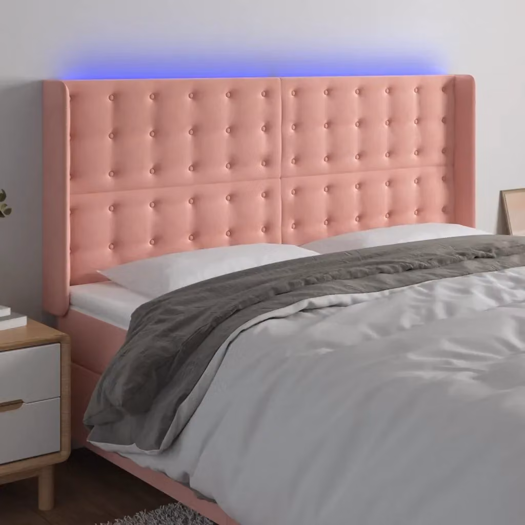 Testata del letto con illuminazione LED e porta di ricarica USB in velluto rosa, L: 203 cm, P: 16 cm, H: 118/128 cm – 2