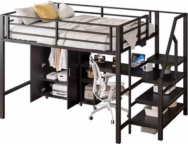 Letto a castello REDOM per bambini in metallo e MDF nero con scala, ripiani e armadio L/P/H: 255 x 140 x 200 cm – 1