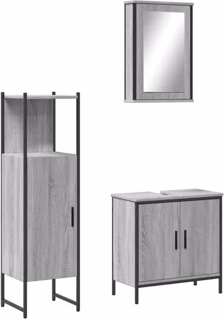 Set Mobili da Bagno Moderno Grigio in Legno e Metallo composto da Mobile Lavabo, Armadietto con Specchio e Colonna Alta