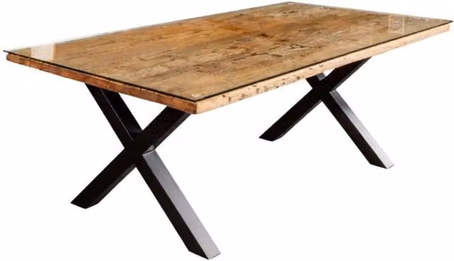 Tavolo da pranzo RAFTA Meublorama con piano in legno di teak e vetro temperato e gambe a X in metallo nero – 1