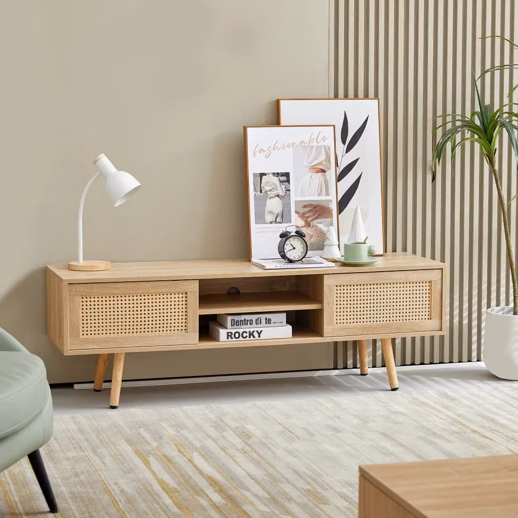 Mobile TV Mivray con ante scorrevoli in rattan e piedini in legno, colore beige e marrone, stile scandinavo – 2