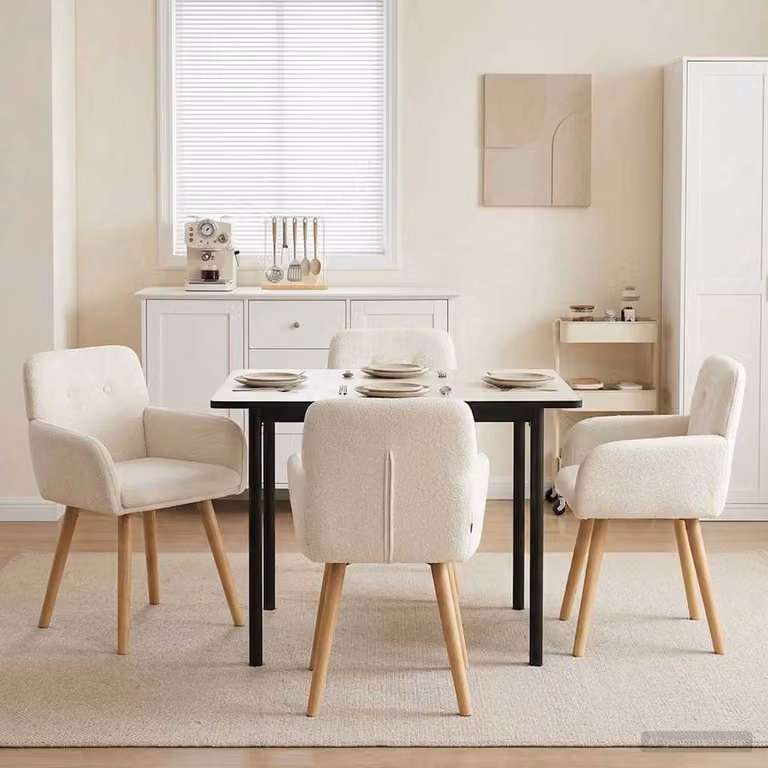 Set di 4 sedie da pranzo vidaXL in tessuto bouclé beige con struttura in legno e metallo, L: 59 cm, P: 56,5 cm, H: 85 cm