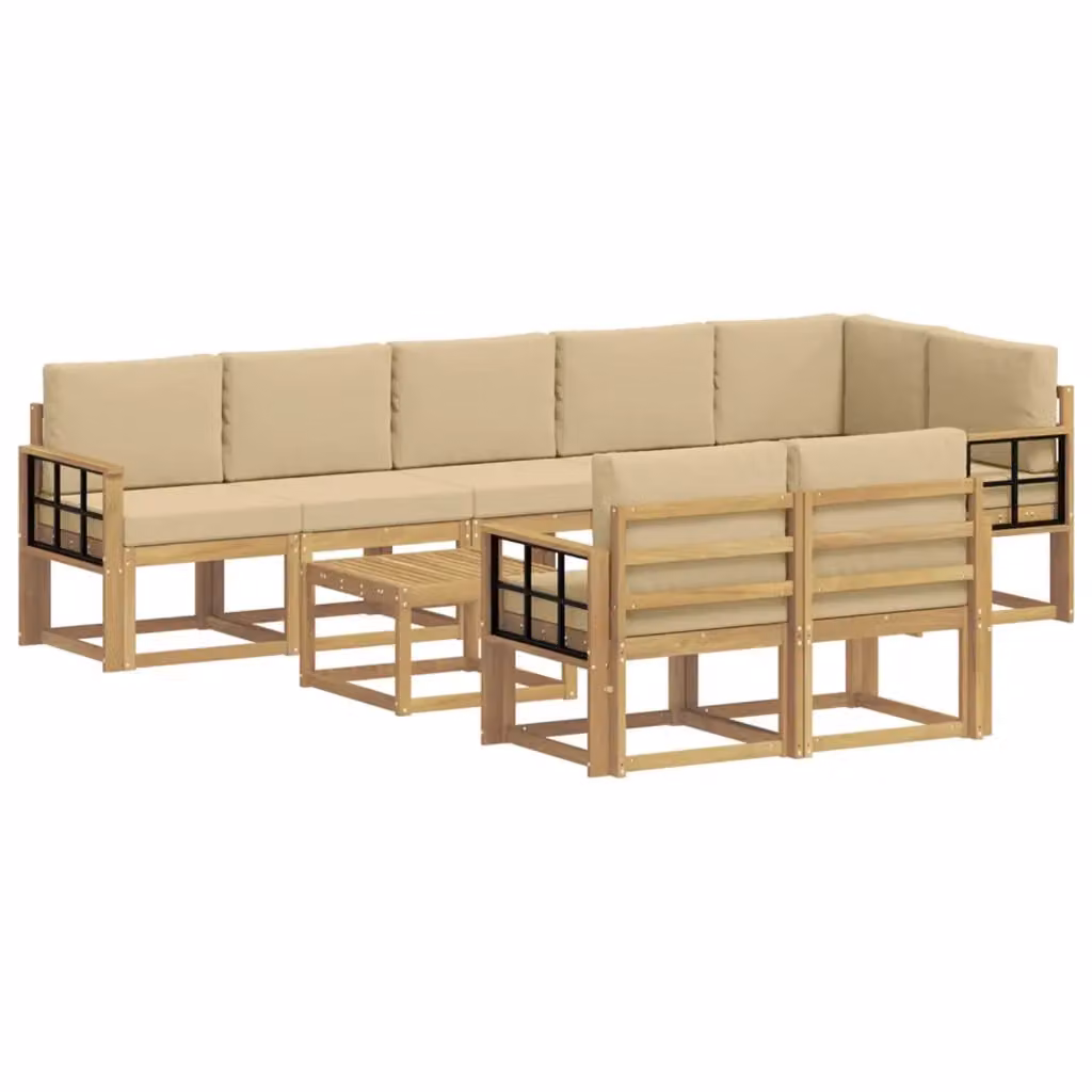 Set di divani da esterno a L con tavolino vidaXL, 9 pezzi in legno di acacia e tessuto bianco e beige – 2