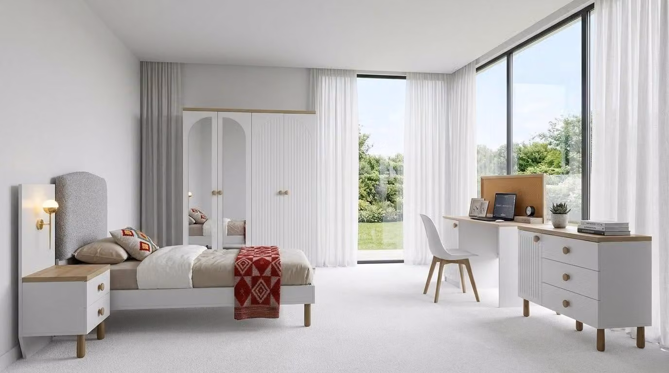 Set completo per camera da letto moderna, ideale per ragazzi, in legno e metallo, composto da letto, armadio e scrivania, tutti di colore bianco