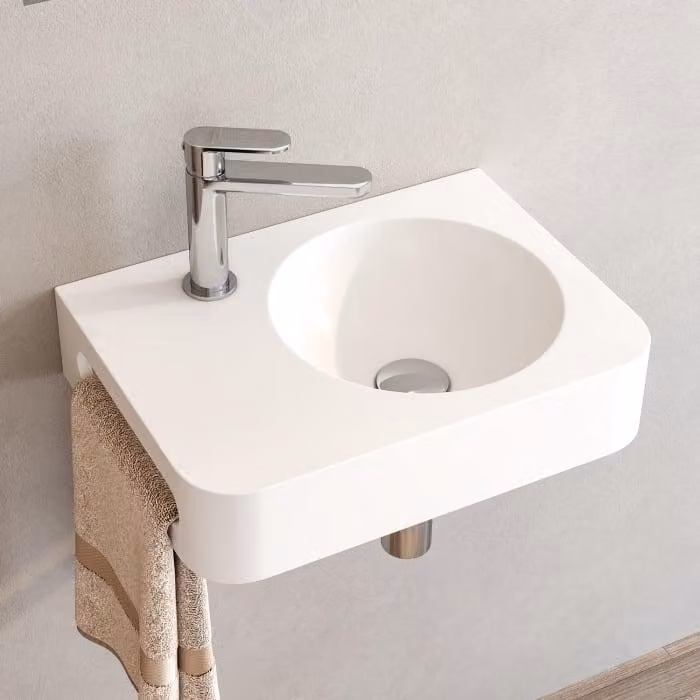 Lavabo da appoggio in pietra Kronenbach, 45 x 33 cm, con foro per rubinetto posizionato a destra e dotato di supporto per asciugamani