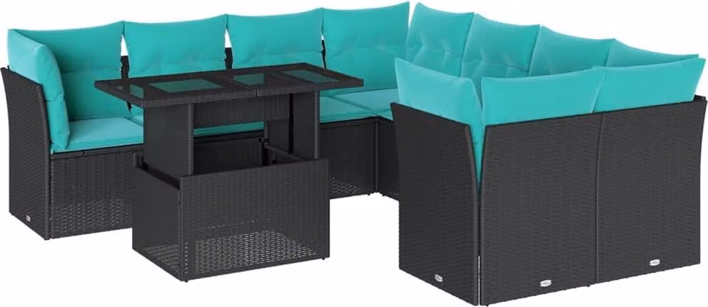 set di divani da giardino da 9 pezzi con cuscini, in polyrattan nero