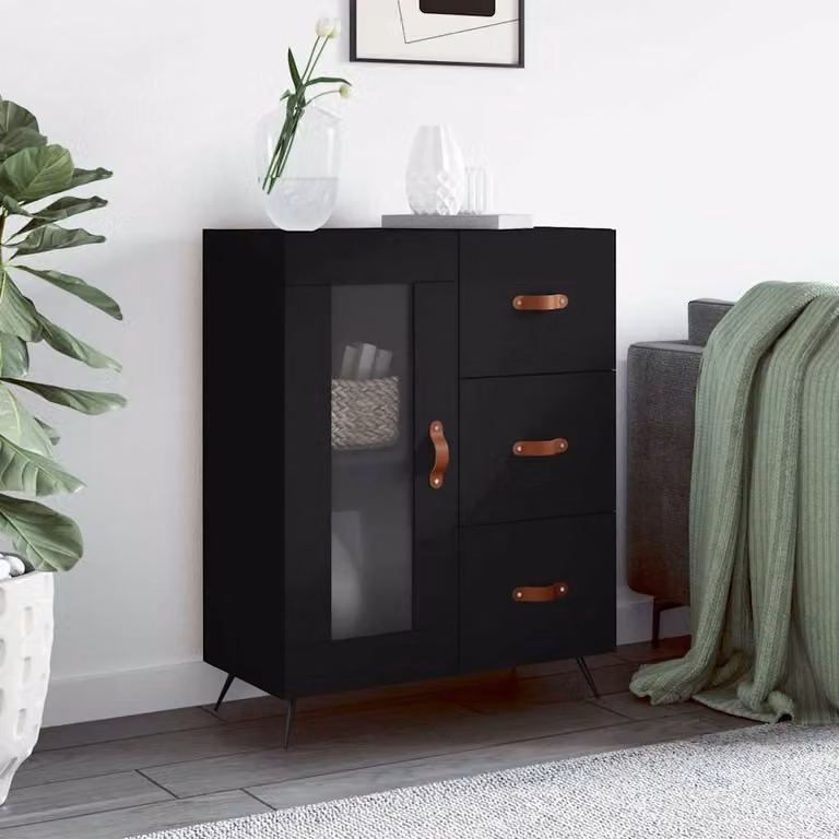 Credenza nera vidaXL in legno e metallo L: 69,5 cm, P: 34 cm, H: 90 cm