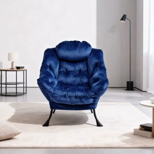 Poltrona relax reclinabile Chicfurn in velluto blu con braccioli imbottiti e struttura in metallo per soggiorno