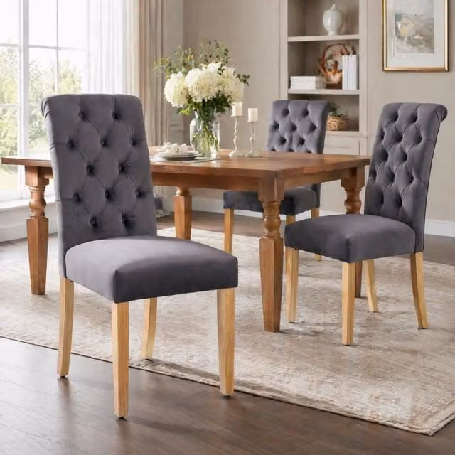 Set di 2 sedie da pranzo in velluto grigio con gambe in legno di quercia