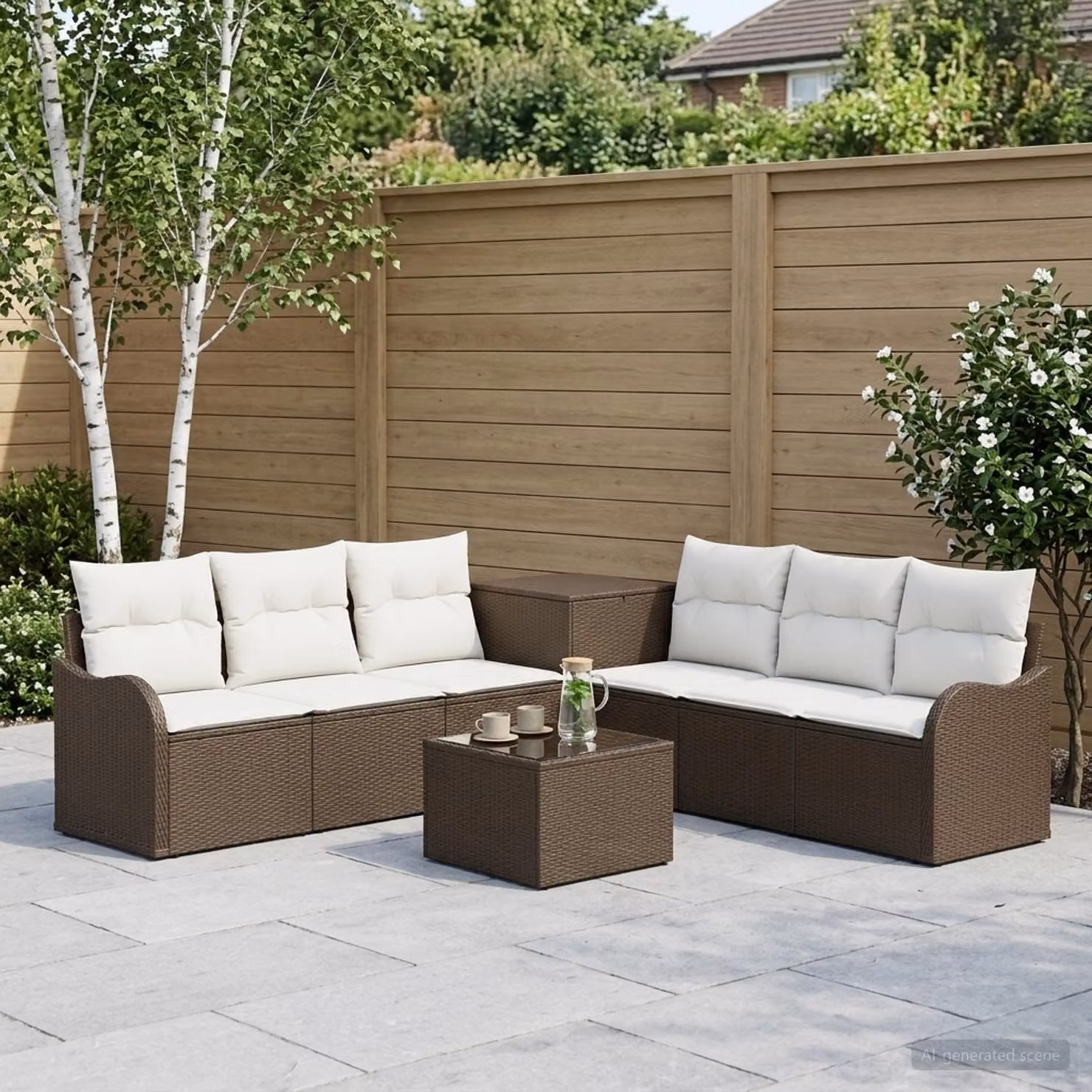 Set di divani da giardino vidaXL a forma di U in polyrattan marrone e bianco crema con 8 pezzi e tavolino da esterno incluso