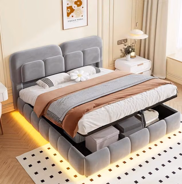 Letto matrimoniale imbottito 140x200 cm grigio in velluto con LED e contenitore idraulico