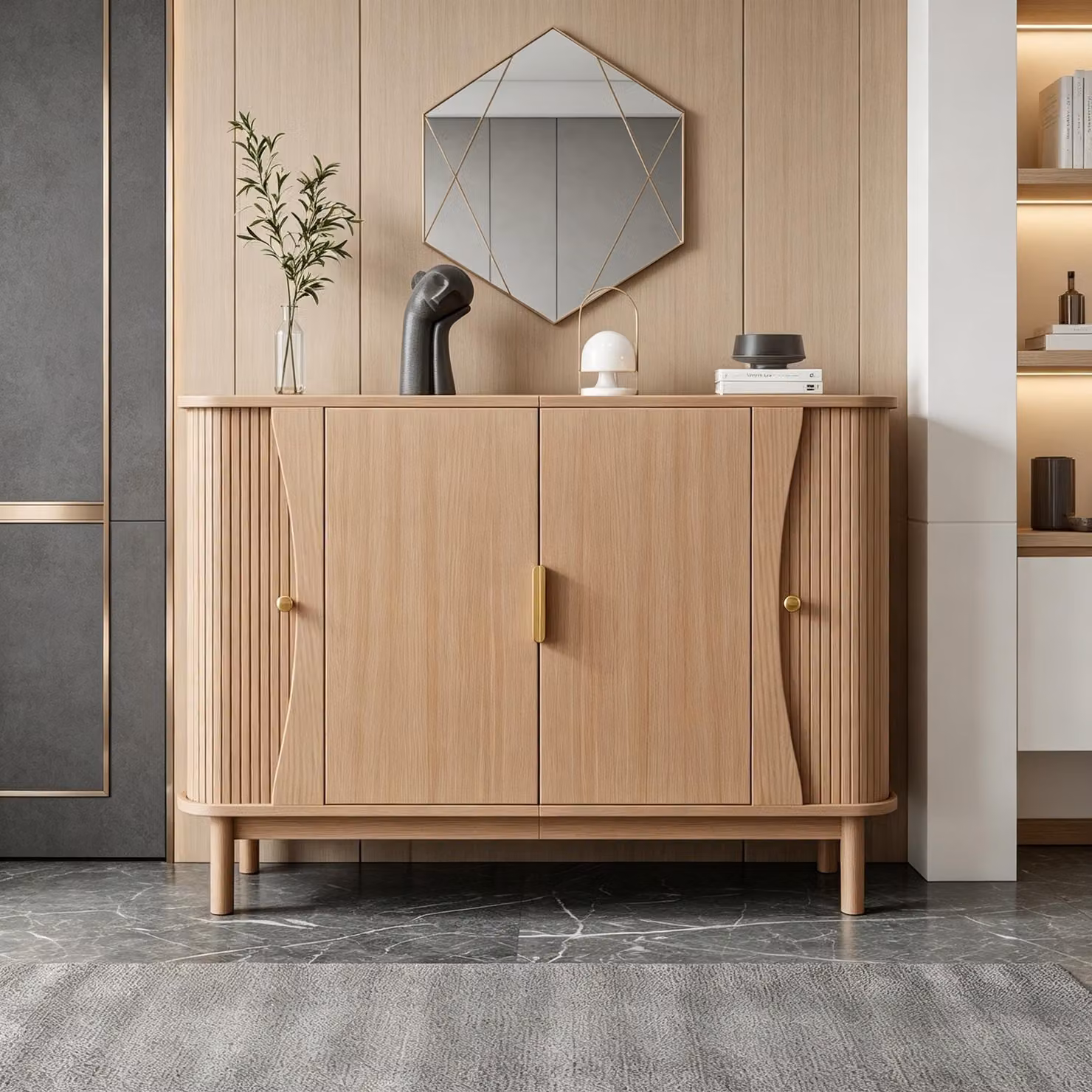 Mobile contenitore largo 140 cm, realizzato in MDF con finitura effetto legno naturale, dotato di 2 ante scorrevoli e di un ripiano interno regolabile, ideale per il soggiorno o l'ingresso