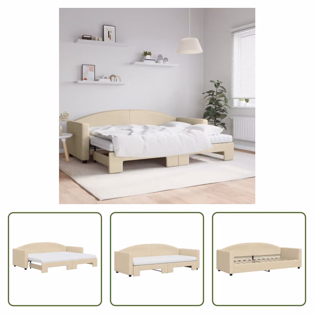 The Living Store letto da giorno allungabile con materassi panna 80x200 cm in tessuto