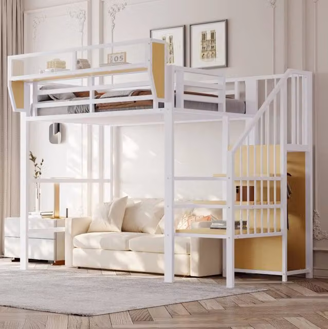 Letto a soppalco 90x200 cm in metallo con scala di sicurezza e ripiano flessibile