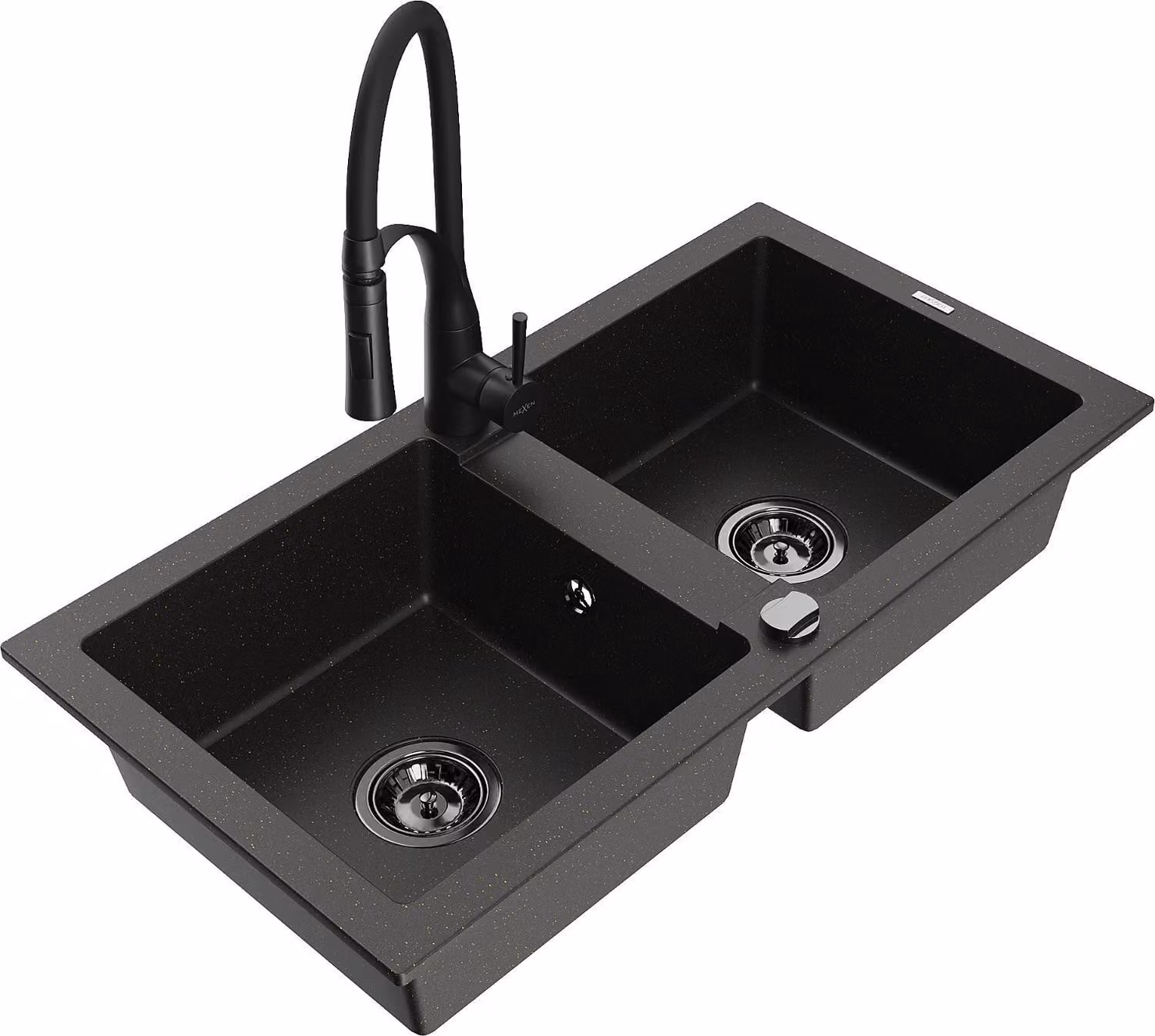 Mexen Mario lavello in granito a 2 vasche con rubinetto da cucina Aster, nero/oro metallizzato - 6504-75-73450-70-B