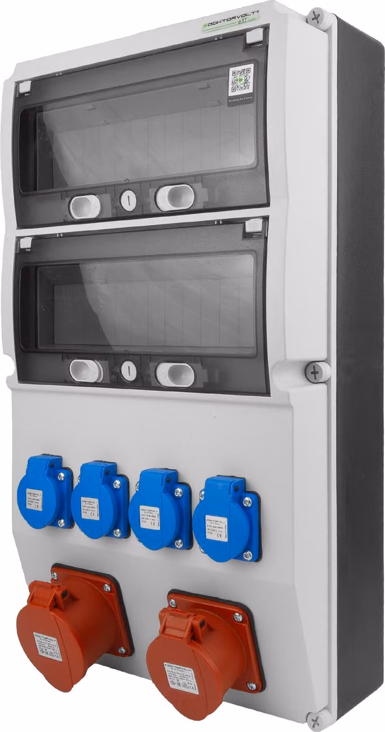 Distributore di corrente da cantiere 16A 32A CEE 4x230V tipo E Distributore di corrente con 26 moduli Finestra di ispezione Doktorvolt