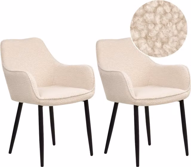 Set di 2 sedie da pranzo BELIANI in tessuto boucle beige con braccioli e struttura in metallo nero opaco per cucina e sala da pranzo