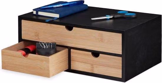 Organizzatore da scrivania con 3 cassetti, realizzato in bambù e MDF. Scrivania/contenitore HBD, dimensioni approssimative: 135x33x21 cm. Colore: naturale/nero