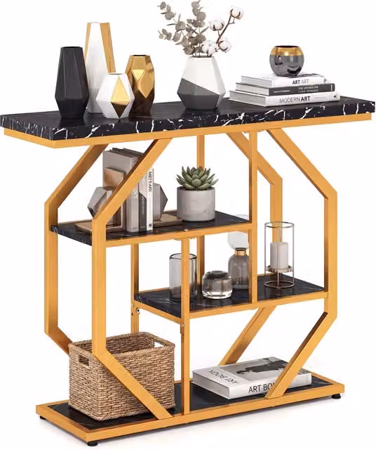 Tavolo consolle moderno DESIGN IN con 4 ripiani, piano effetto marmo e struttura geometrica in metallo, colori nero e oro, L: 101 cm, P: 29,5 cm, H: 80 cm – 1