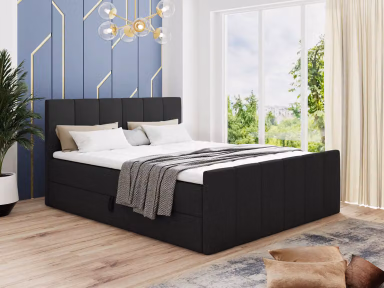 Letto boxspring Star Lux con pediera, 2 cassetti e coprimaterasso - Letto matrimoniale con coprimaterasso, materasso Bonell, letto imbottito, letto (nero (Inari 100), 180 x 200 cm)