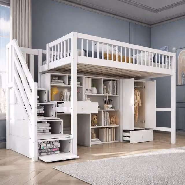 Letto singolo per bambini multifunzionale in legno massello e MDF bianco 90x200 cm con scrivania, scala, armadio e spazi contenitivi, senza materasso