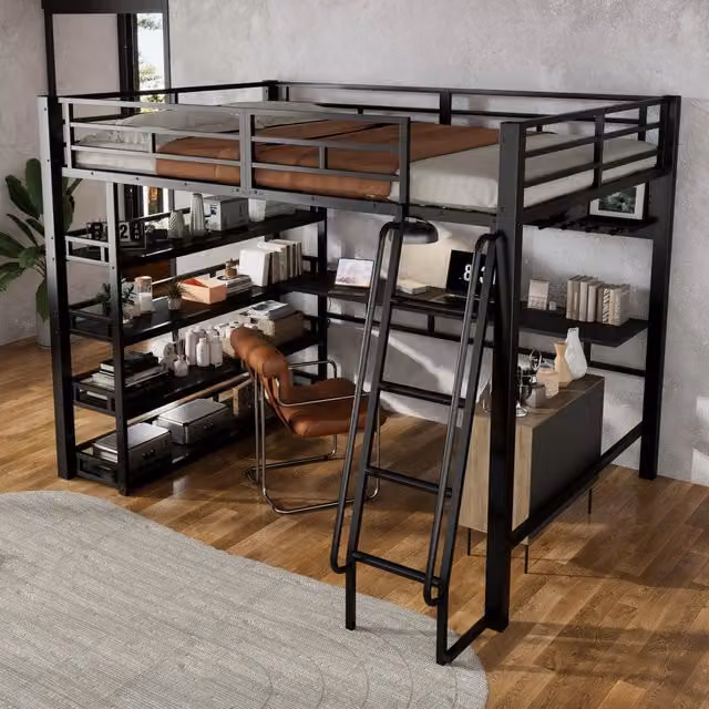 Letto a soppalco matrimoniale 200×140 cm con ripiani, presa di ricarica e appendiabiti, senza materasso, nero