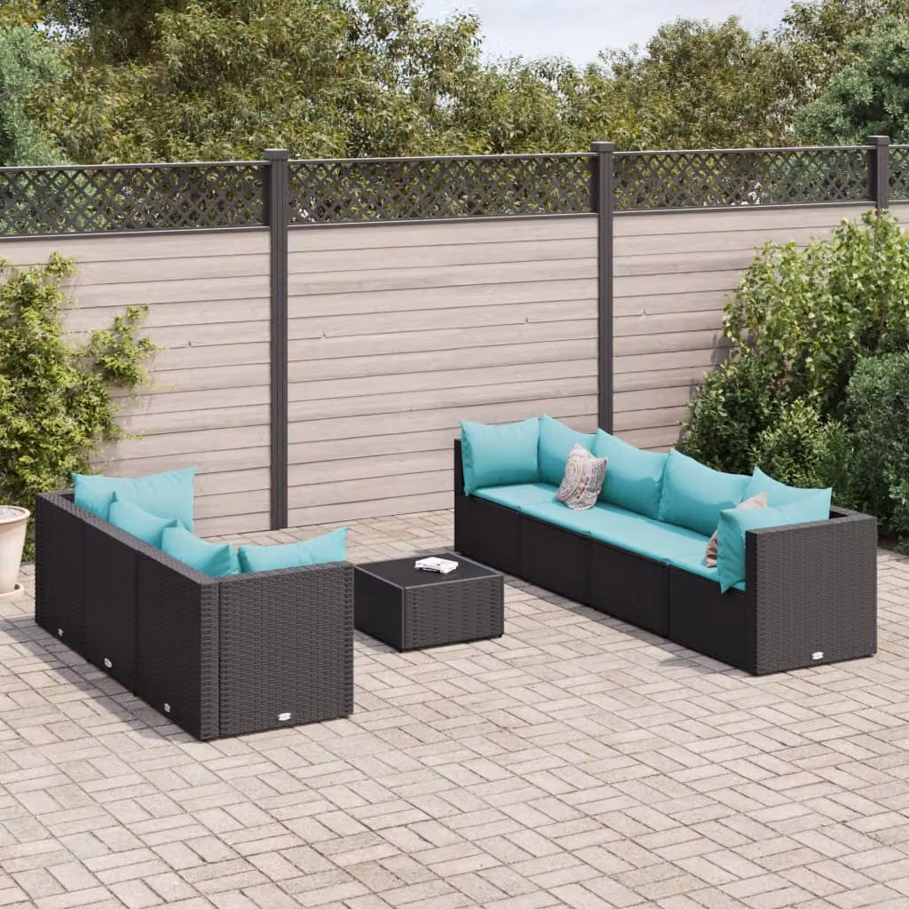Set da giardino vidaXL a forma di L con 8 pezzi, polyrattan nero e cuscini blu con struttura in acciaio e tavolo da caffè in vetro – 1