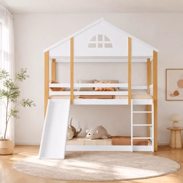 Letto a castello 90x200 cm bianco e naturale in legno e MDF con scivolo